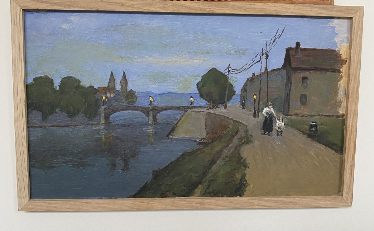 Oil On Cardboard, Framed. 19th-early 20th Century. Evening Walk. The River Under The Bridge.