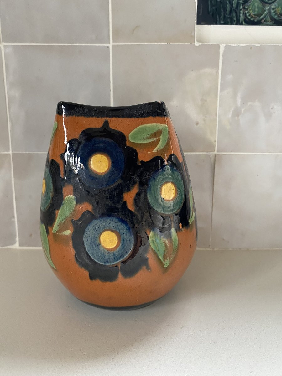 Vase aux fleurs de montagne. René Nicole. Poterie savoyarde. 1900-photo-2