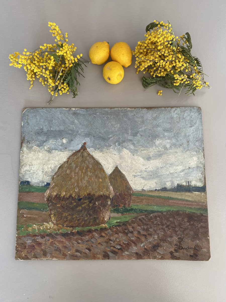 Les meules de foin. Fernand Alexis Lambert (1868-1935). peintre de l’Ecole française.-photo-4