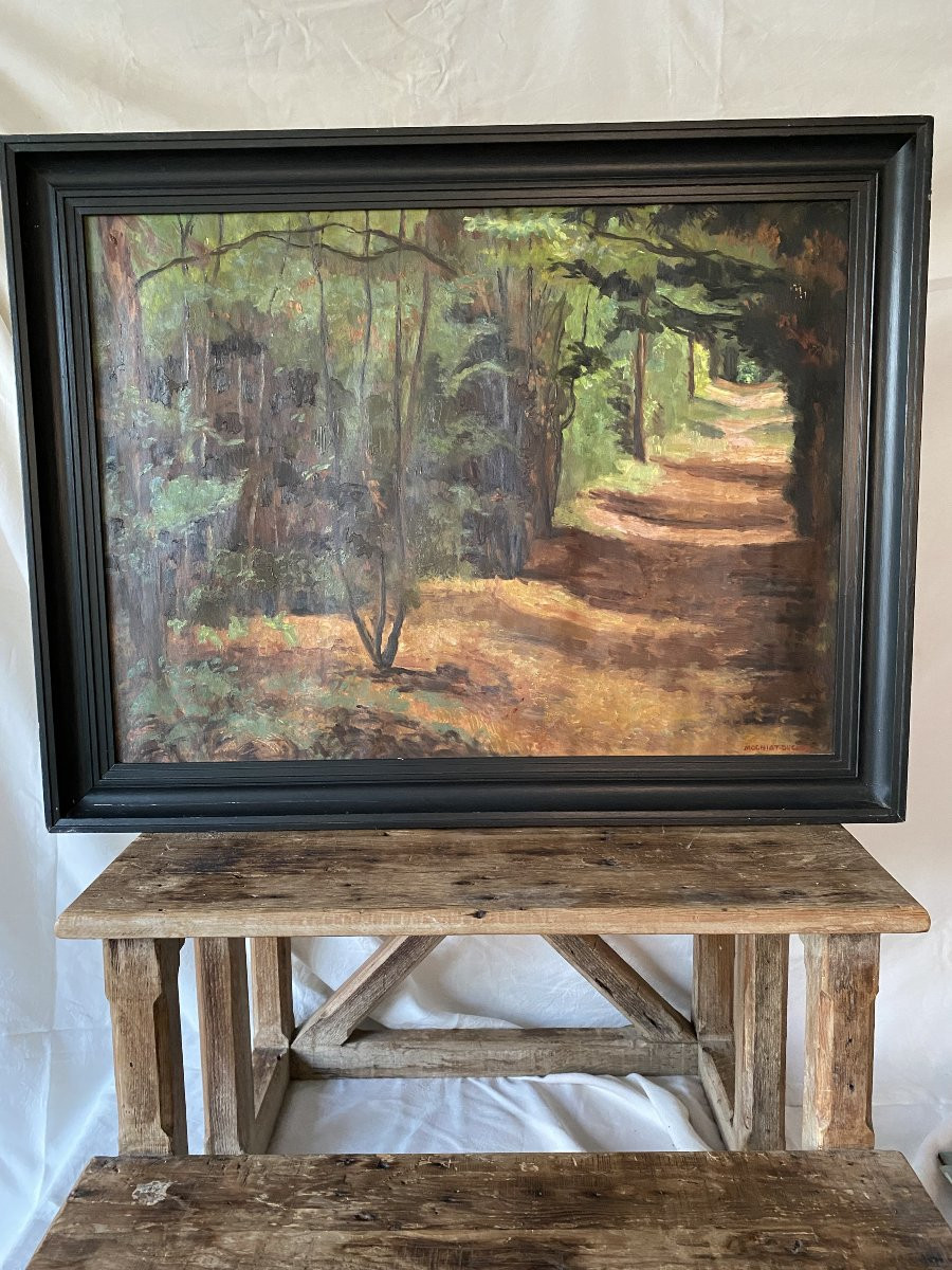 Le chemin dans la forêt. Bertrand Mogniat-Duclos. Huile sur carton début XXe siècle-photo-3