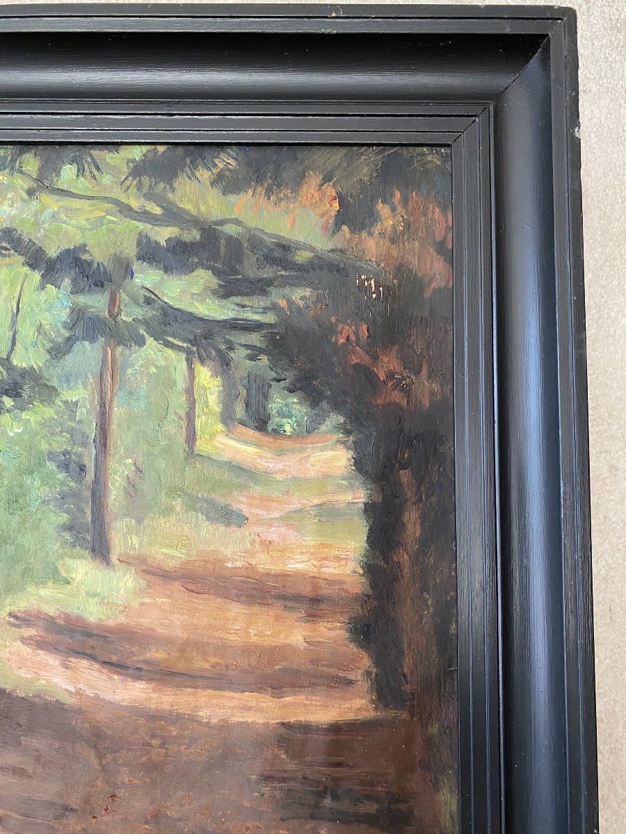 Le chemin dans la forêt. Bertrand Mogniat-Duclos. Huile sur carton début XXe siècle-photo-2