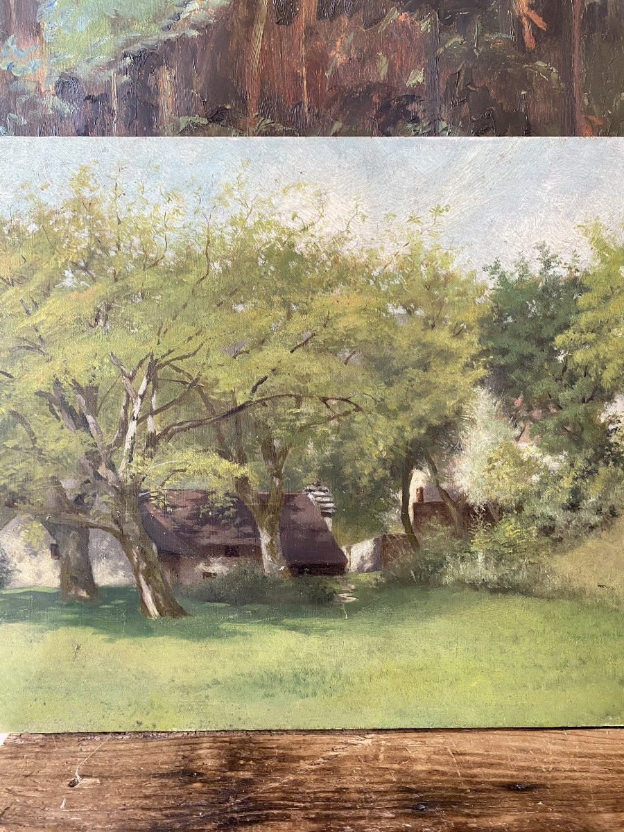 Le hameau dans les arbres. Huile sur bois. Début XXe. paysage de campagne-photo-3