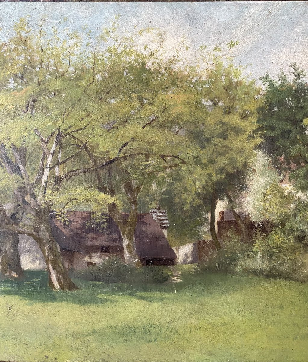 Le hameau dans les arbres. Huile sur bois. Début XXe. paysage de campagne-photo-4