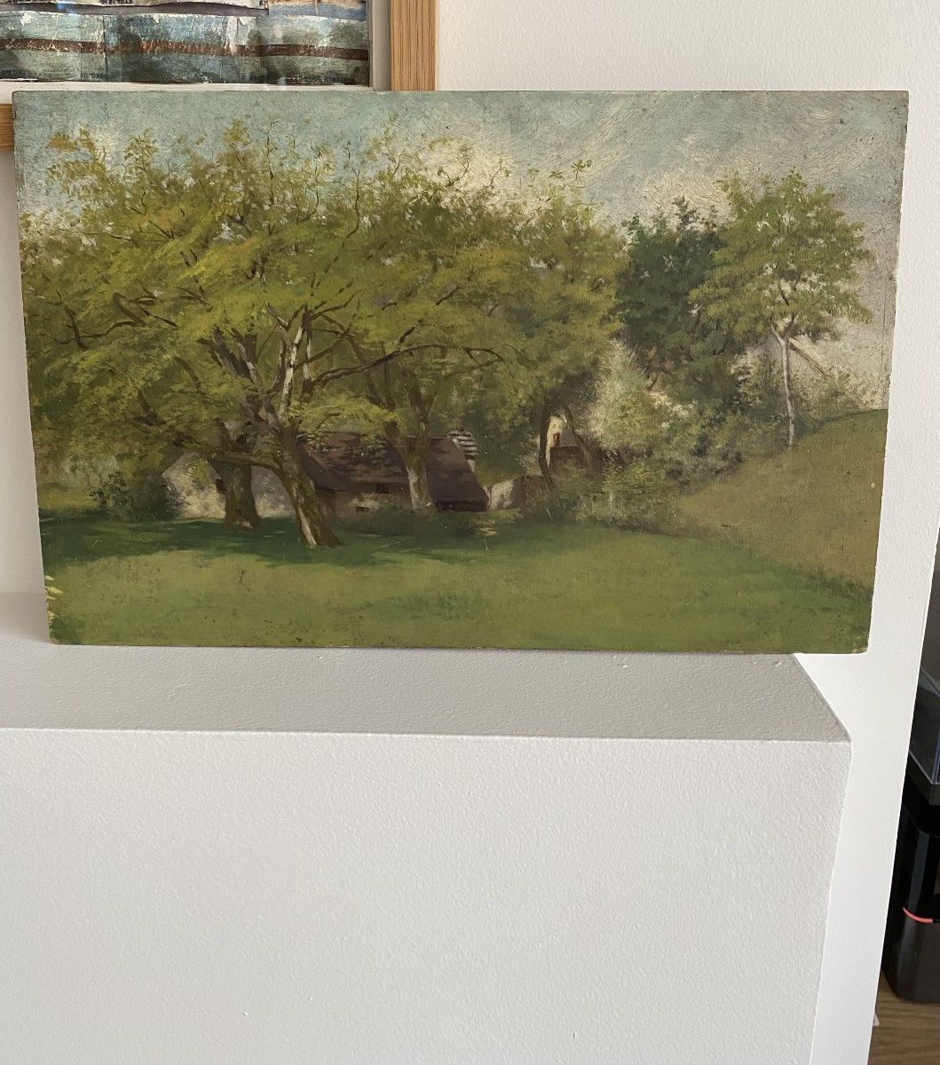 Le hameau dans les arbres. Huile sur bois. Début XXe. paysage de campagne-photo-2
