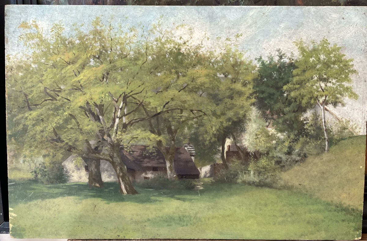 Le hameau dans les arbres. Huile sur bois. Début XXe. paysage de campagne