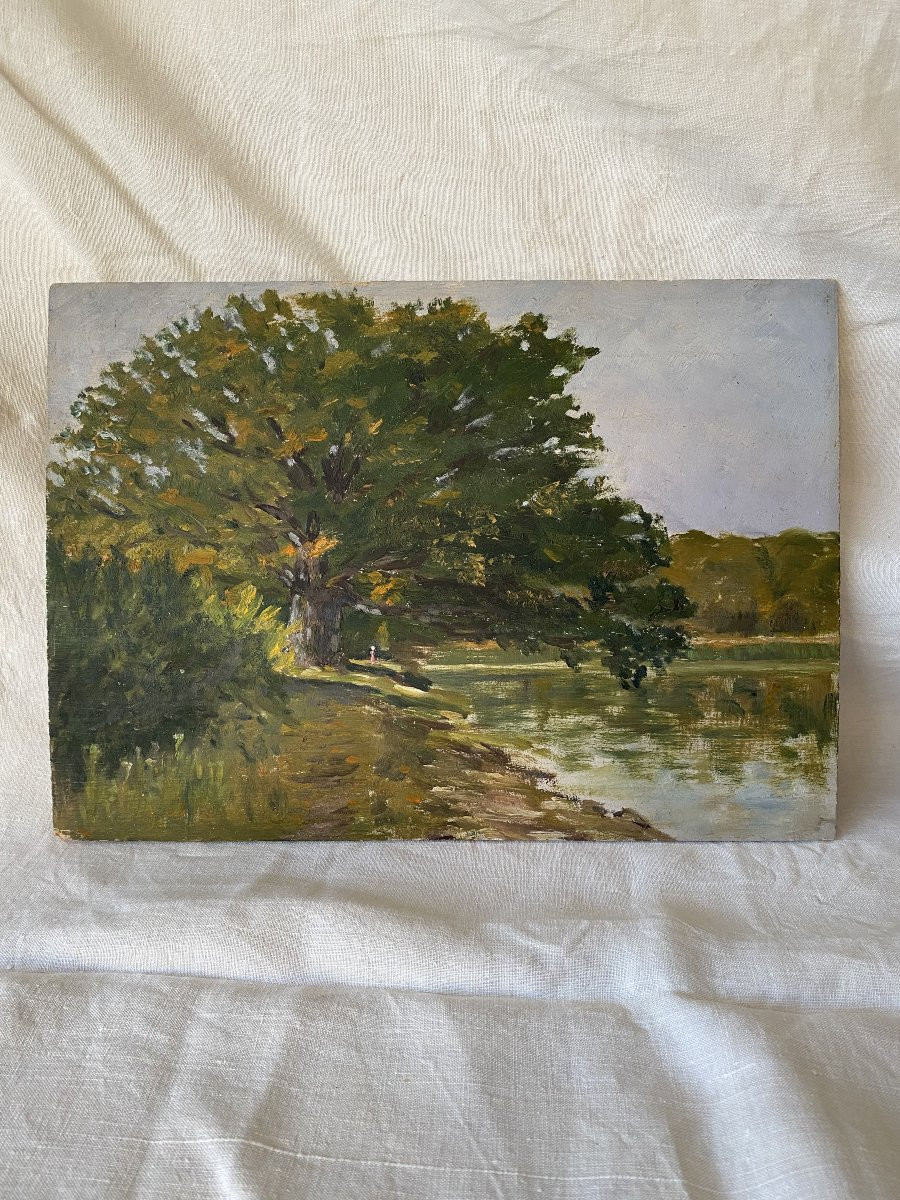 The Large Tree By The Water. Oil On Wood. -photo-2