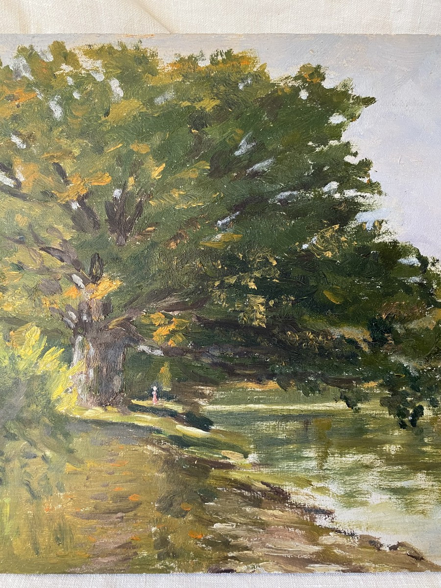 The Large Tree By The Water. Oil On Wood. 