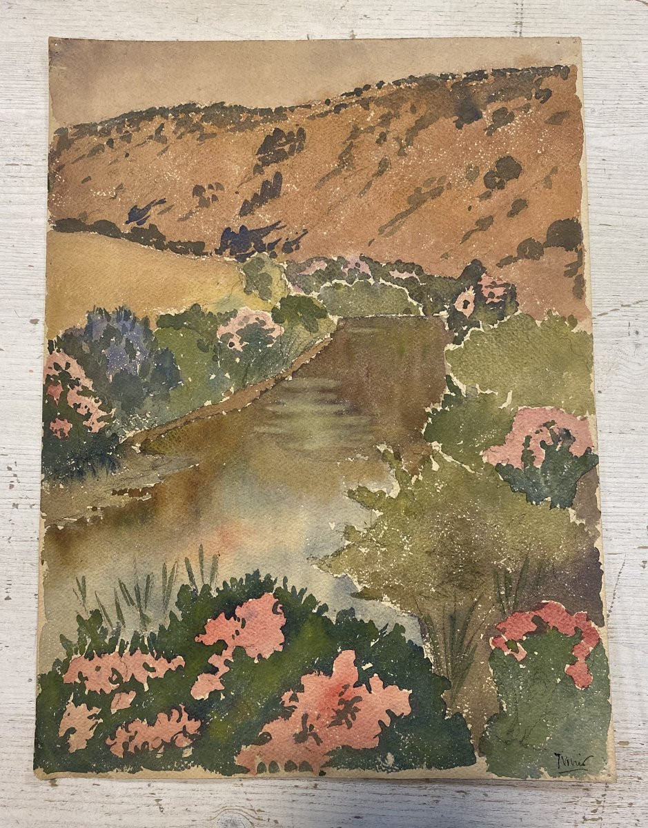 La rivière au Printemps. Aquarelle début XXe. paysage.-photo-2