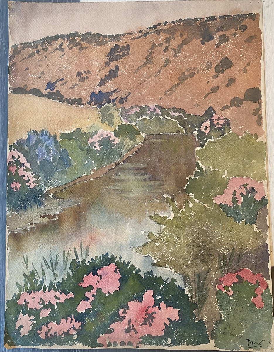 La rivière au Printemps. Aquarelle début XXe. paysage.
