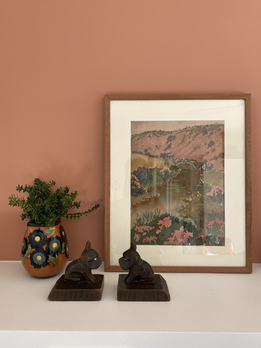 Serre-livres en bois sculpté en forme de chiens.-photo-3