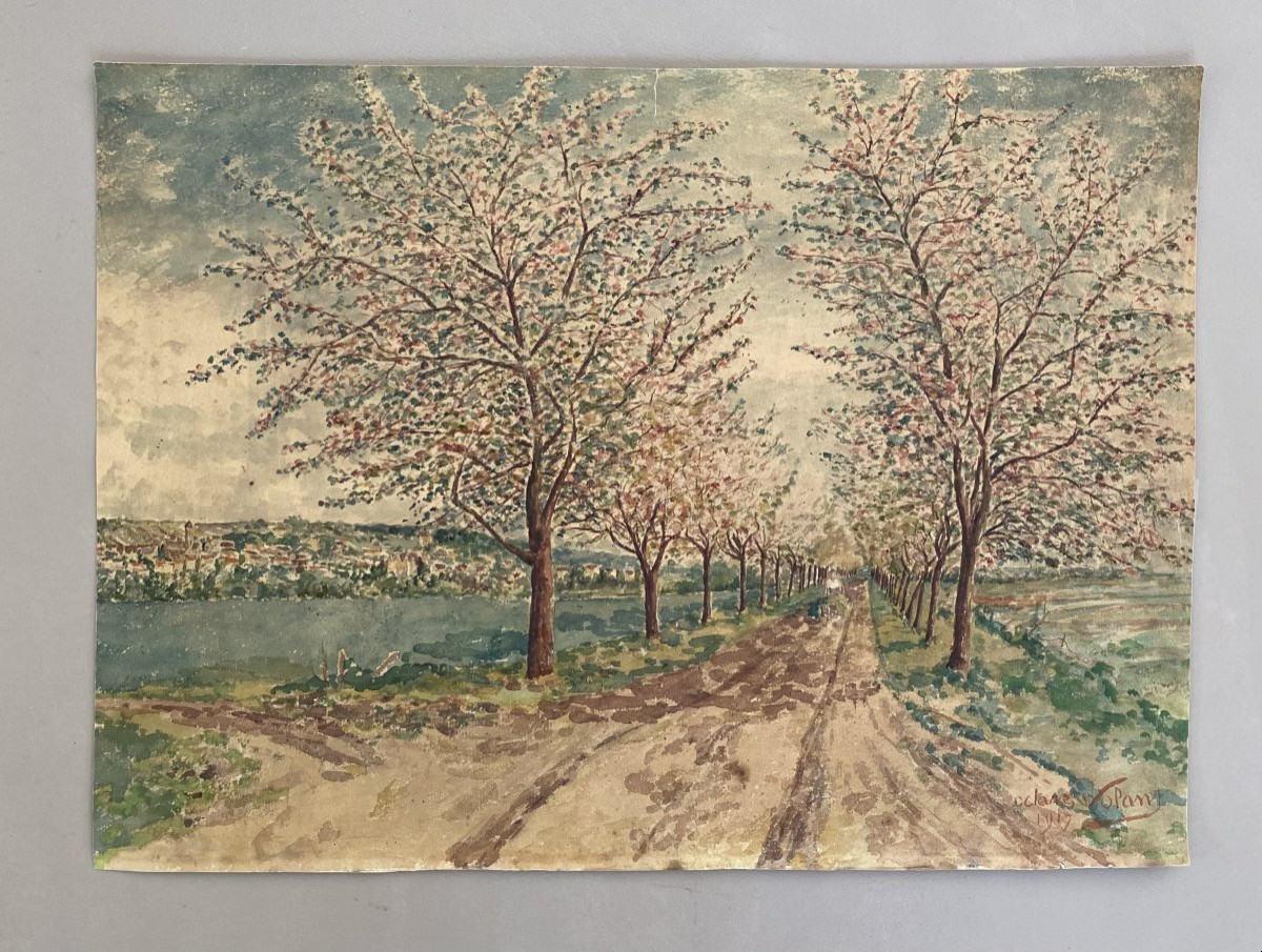 Apple Trees In Bloom. Watercolor By Octave Volant. 1917.-photo-2