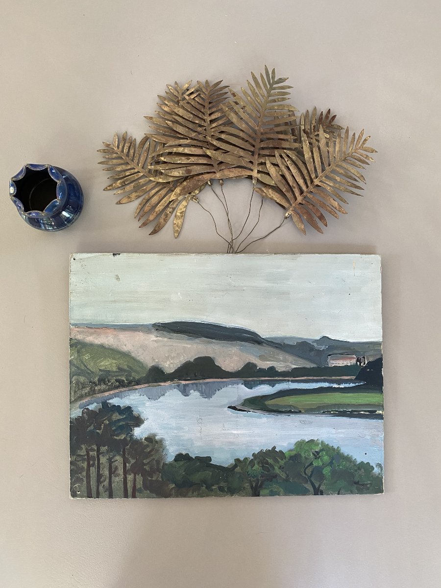 Paysage de rivière et collines. Huile sur carton. XXe siècle.-photo-2