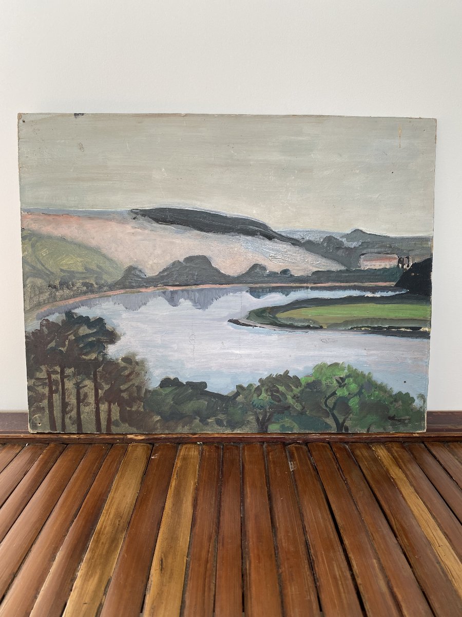 Paysage de rivière et collines. Huile sur carton. XXe siècle.-photo-3