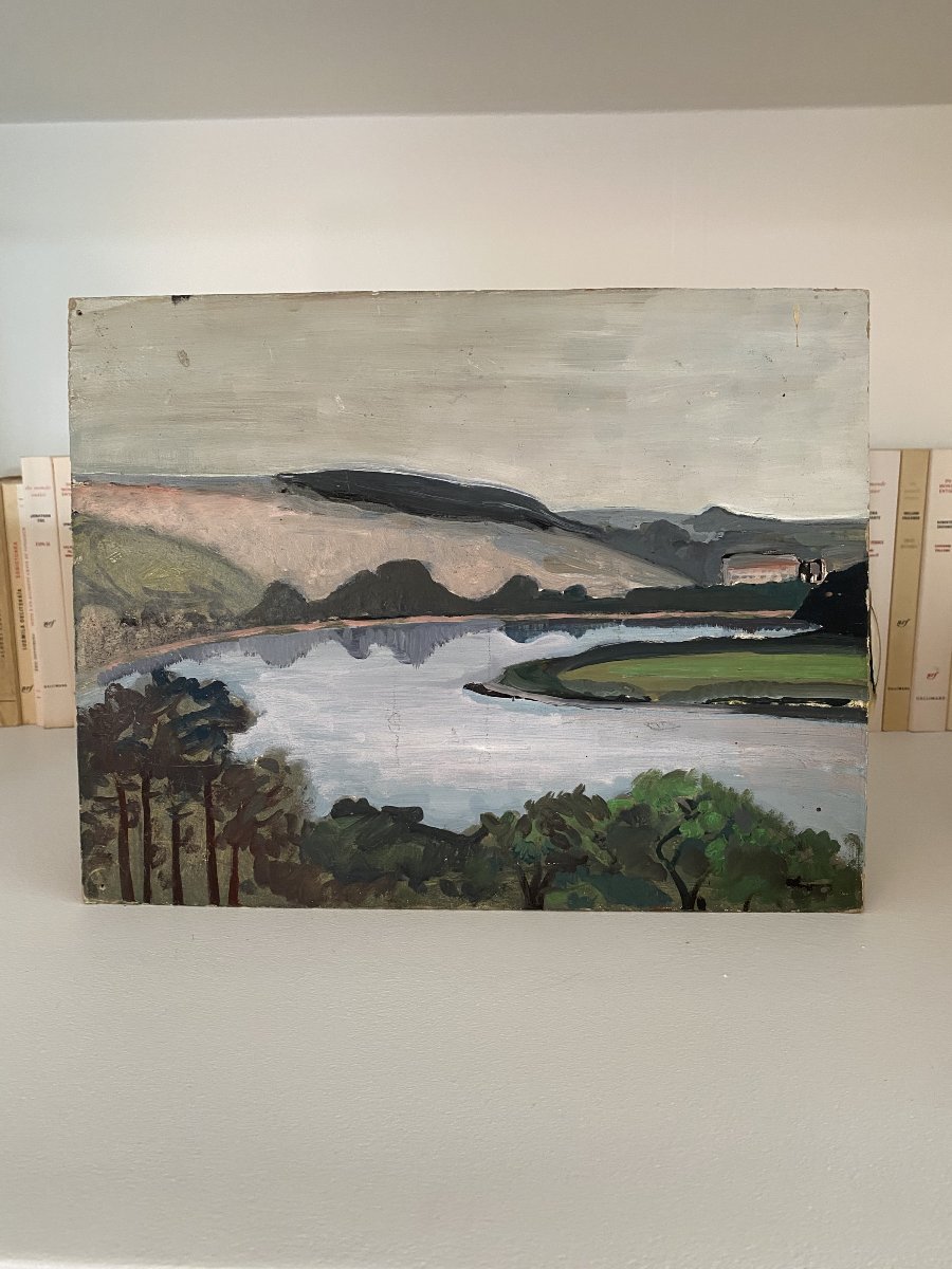 Paysage de rivière et collines. Huile sur carton. XXe siècle.-photo-4