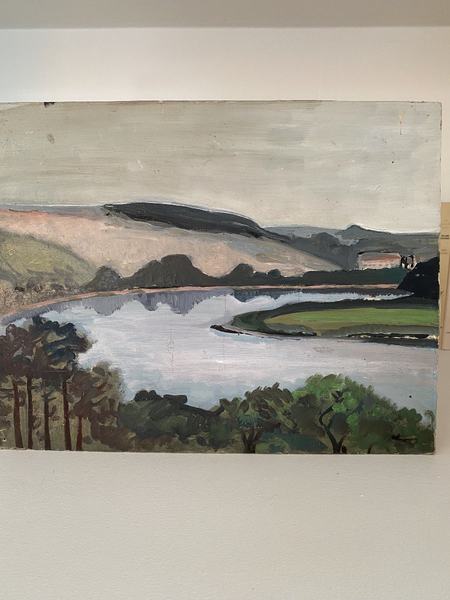 Paysage de rivière et collines. Huile sur carton. XXe siècle.-photo-1