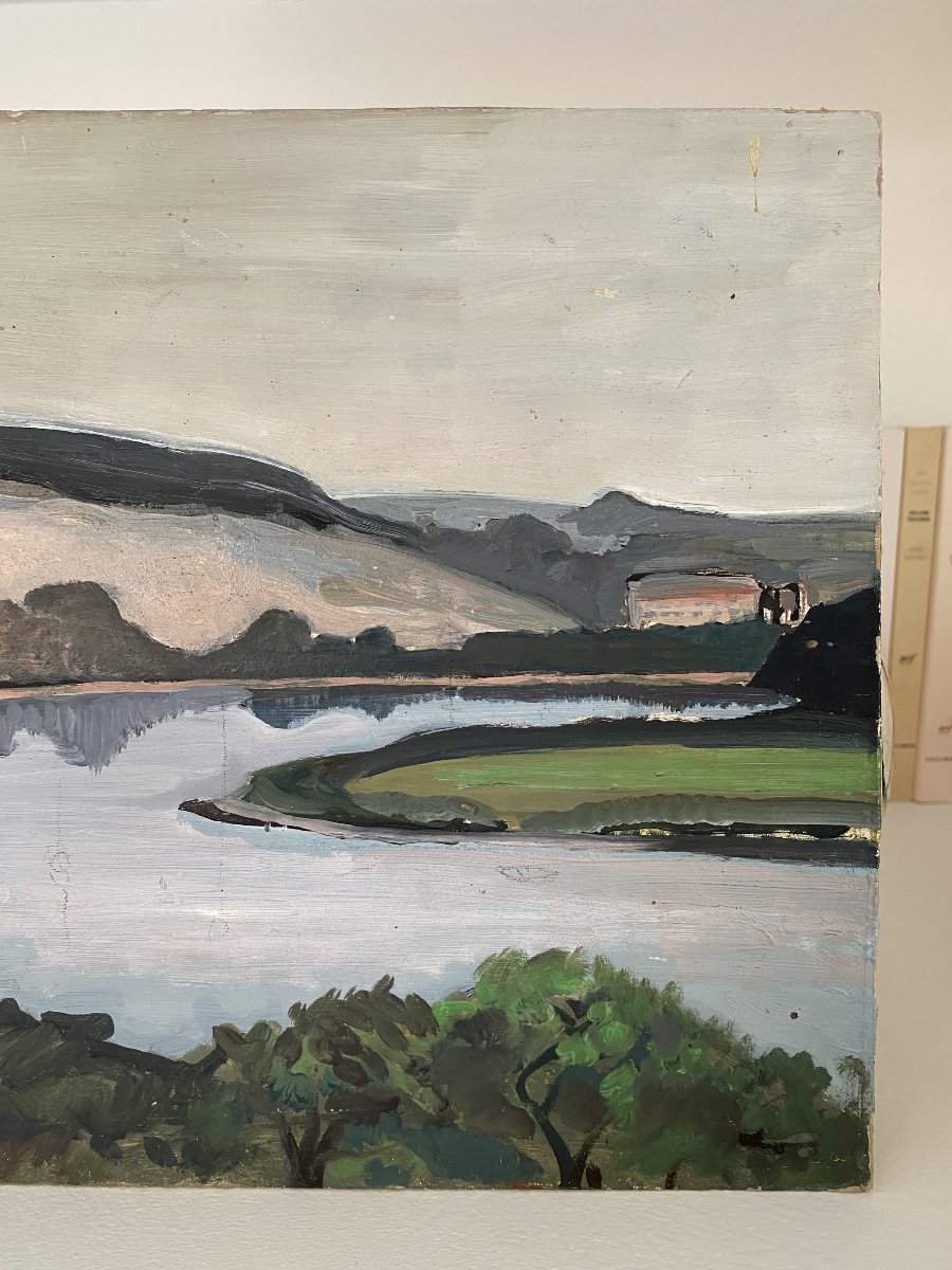 Paysage de rivière et collines. Huile sur carton. XXe siècle.-photo-2