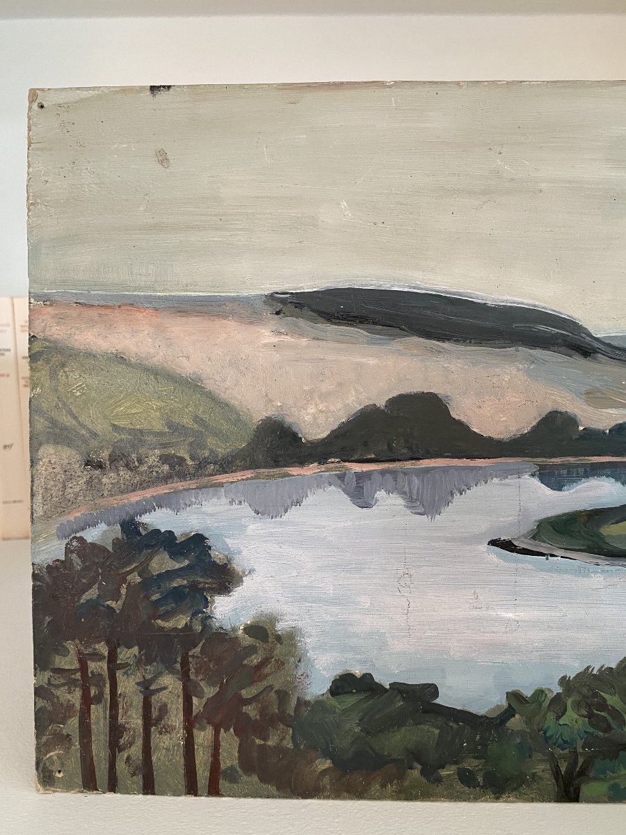 Paysage de rivière et collines. Huile sur carton. XXe siècle.-photo-3