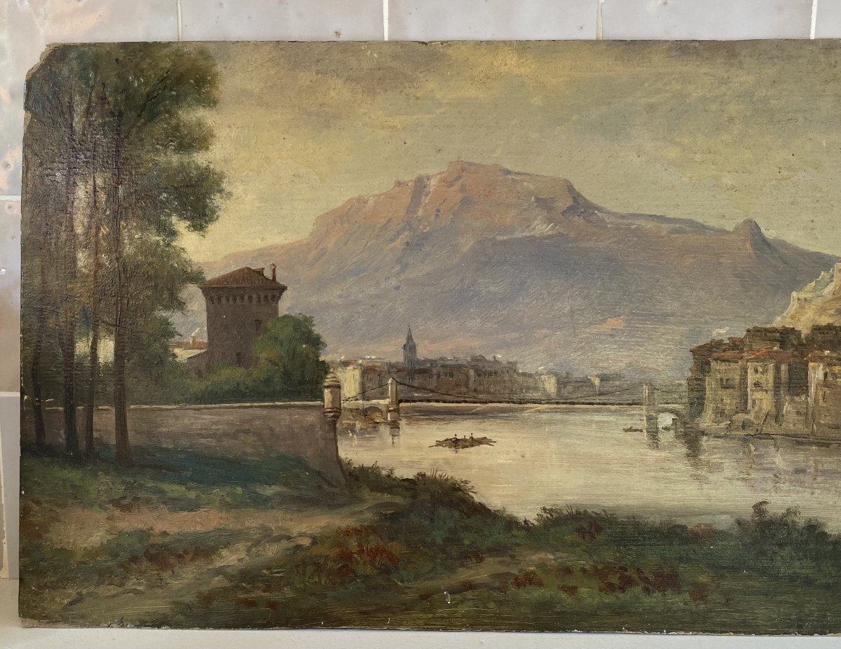Tableau de Grenoble en 1895. Vue du Moucherotte et des quais de l'Isère