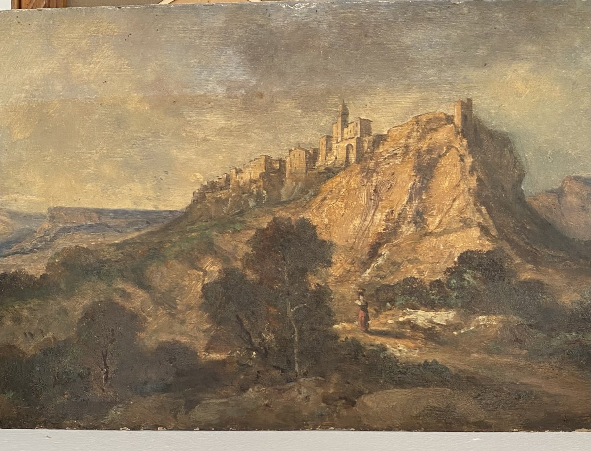 Tableau de paysage du Vaucluse, (Venasque). Ecole française du XIXe siècle, huile sur carton