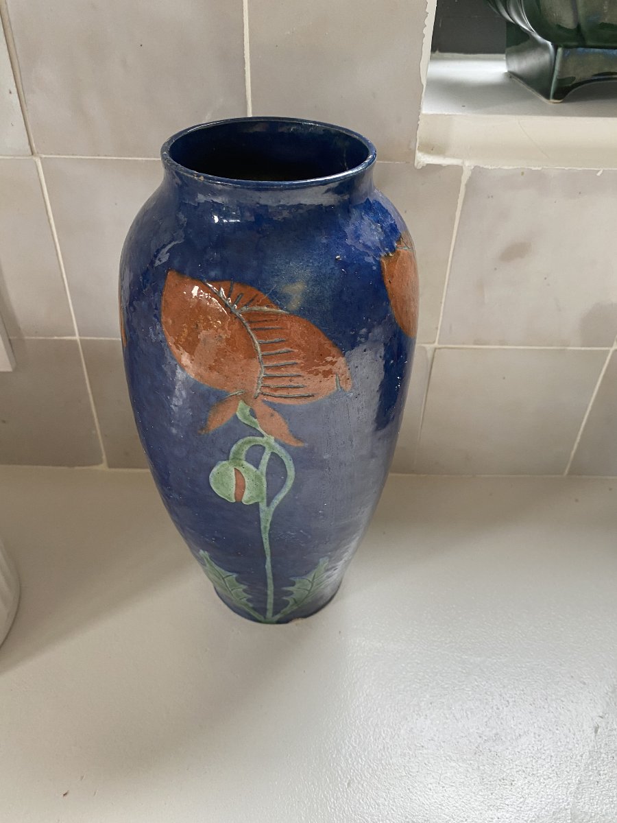 Les coquelicots. Vase ancien en céramique vernissée-photo-1