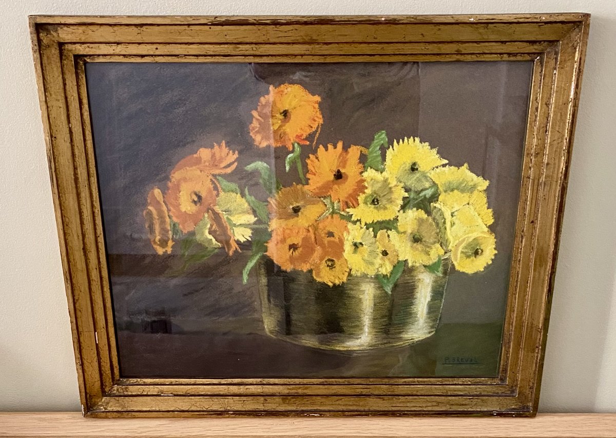 Still Life With Yellow And Orange Flowers. Antique Pastel-photo-2