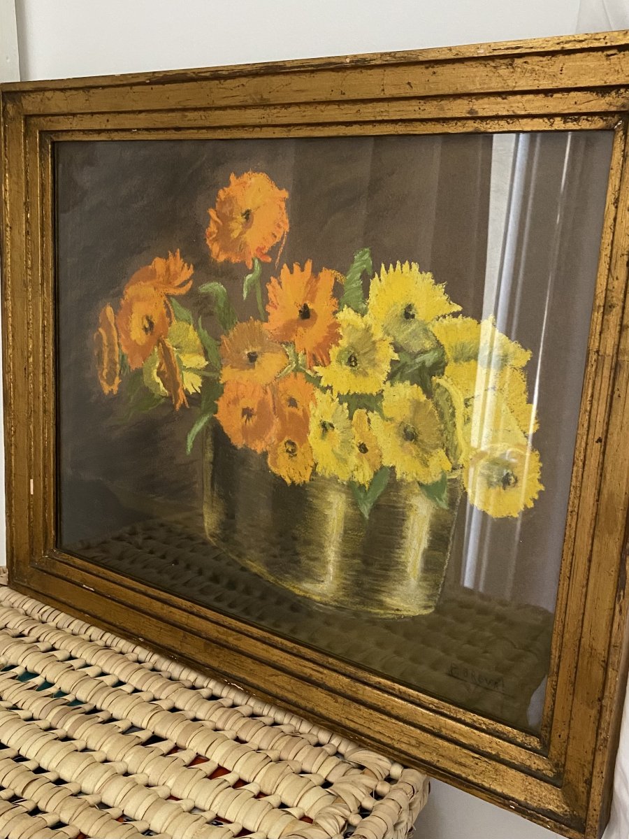 Still Life With Yellow And Orange Flowers. Antique Pastel-photo-3