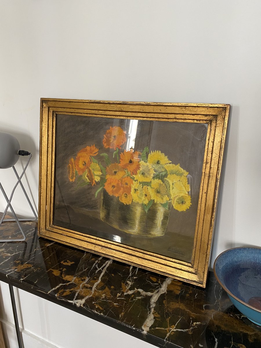 Still Life With Yellow And Orange Flowers. Antique Pastel-photo-4