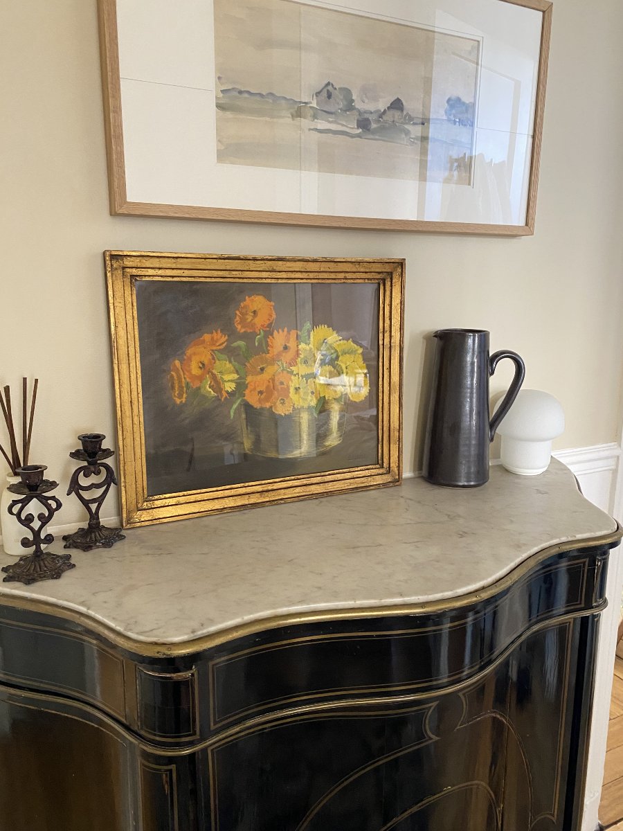 Still Life With Yellow And Orange Flowers. Antique Pastel-photo-1