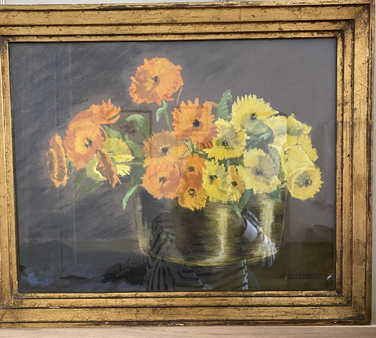 Still Life With Yellow And Orange Flowers. Antique Pastel