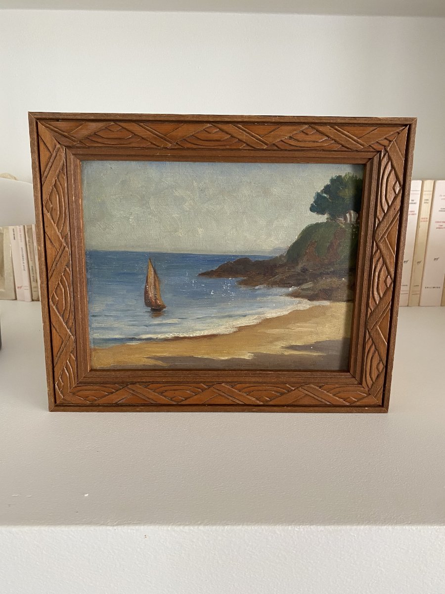 Le voilier dans la baie. Huile sur bois XXe siècle.-photo-3