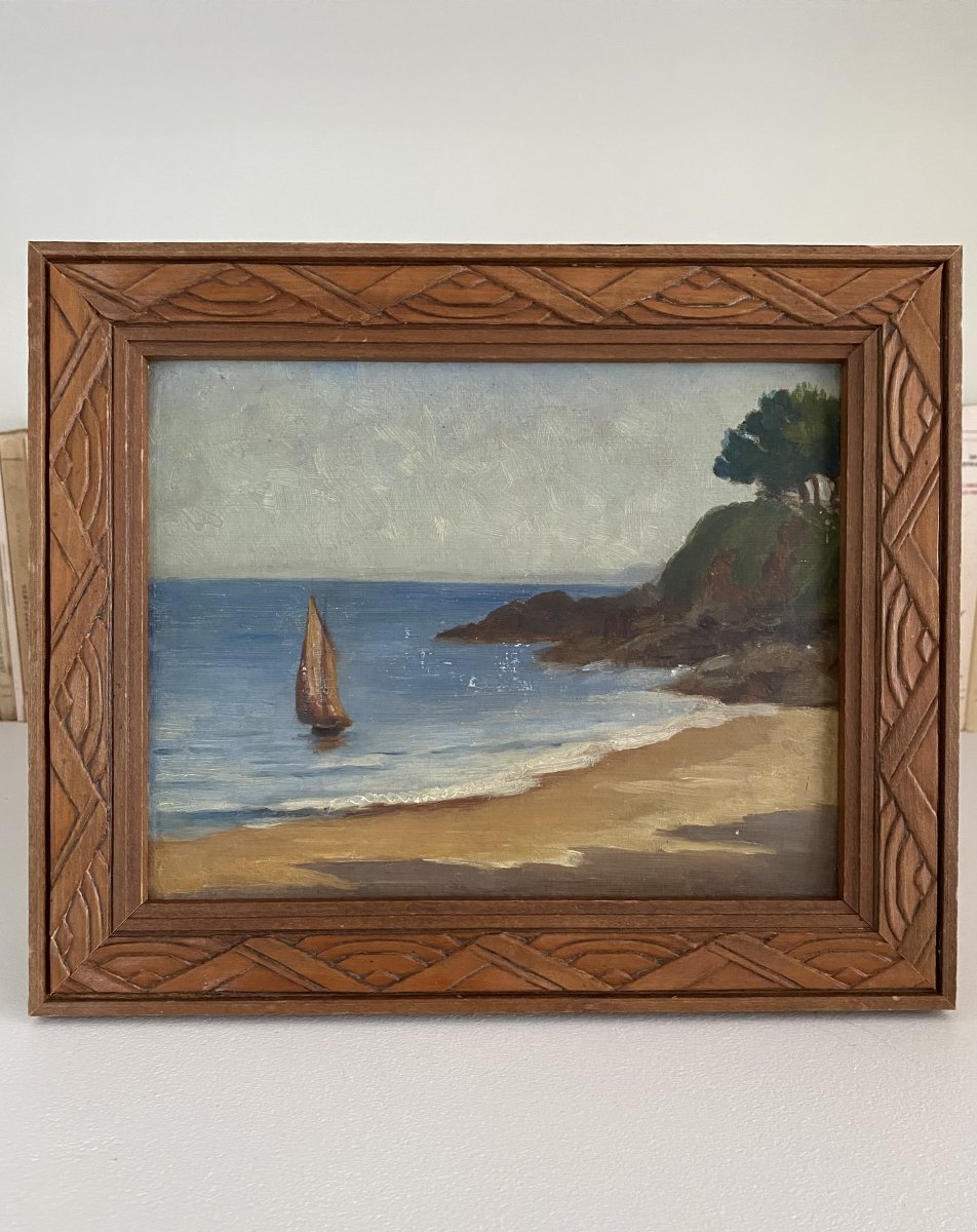Le voilier dans la baie. Huile sur bois XXe siècle.-photo-4