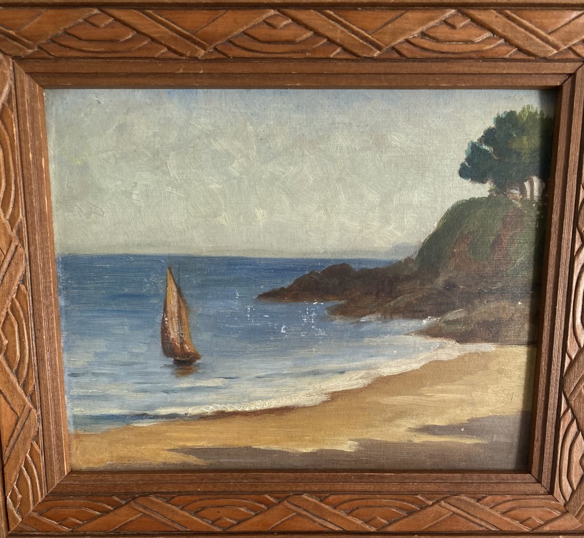 Le voilier dans la baie. Huile sur bois XXe siècle.
