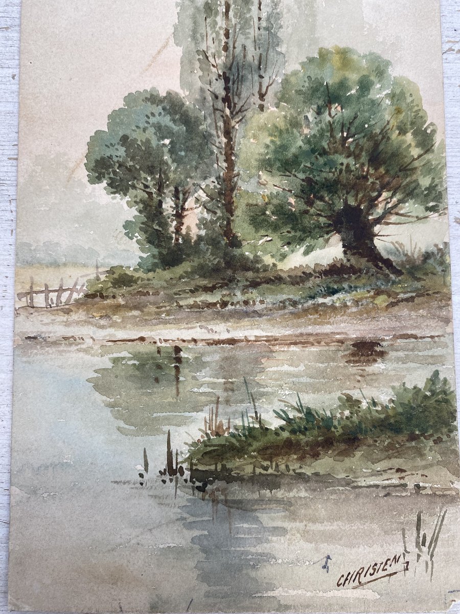 Aquarelle ancienne d'un paysage d'arbres au bord de l'eau.-photo-2