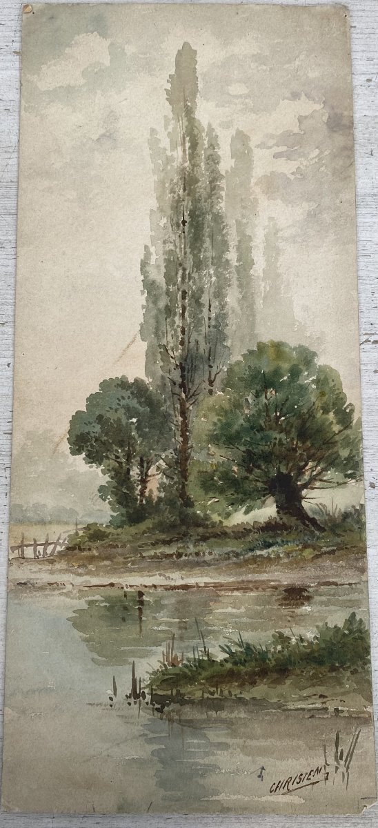 Aquarelle ancienne d'un paysage d'arbres au bord de l'eau.-photo-3
