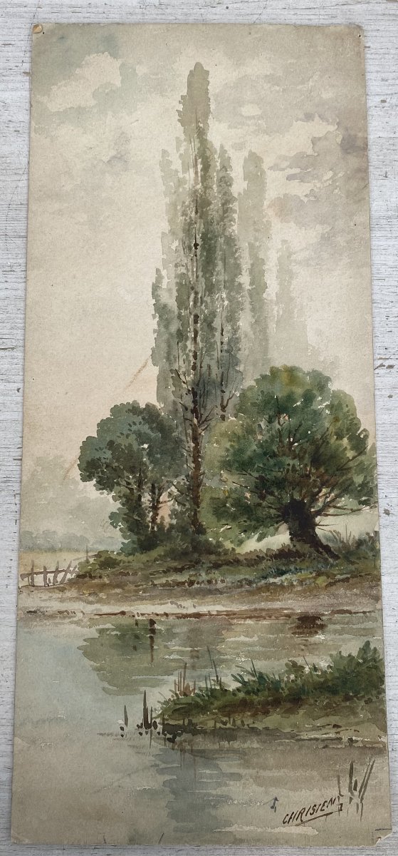 Aquarelle ancienne d'un paysage d'arbres au bord de l'eau.-photo-4