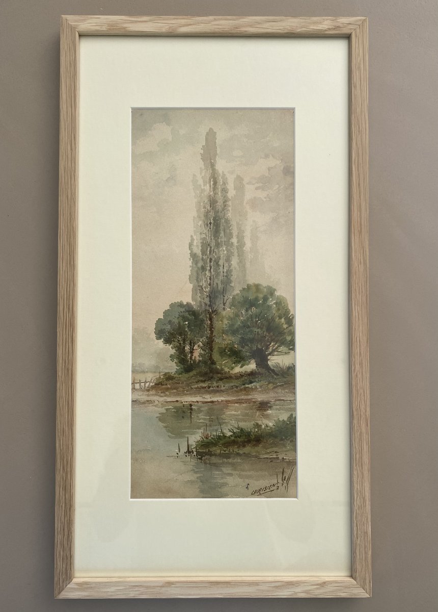 Aquarelle ancienne d'un paysage d'arbres au bord de l'eau.