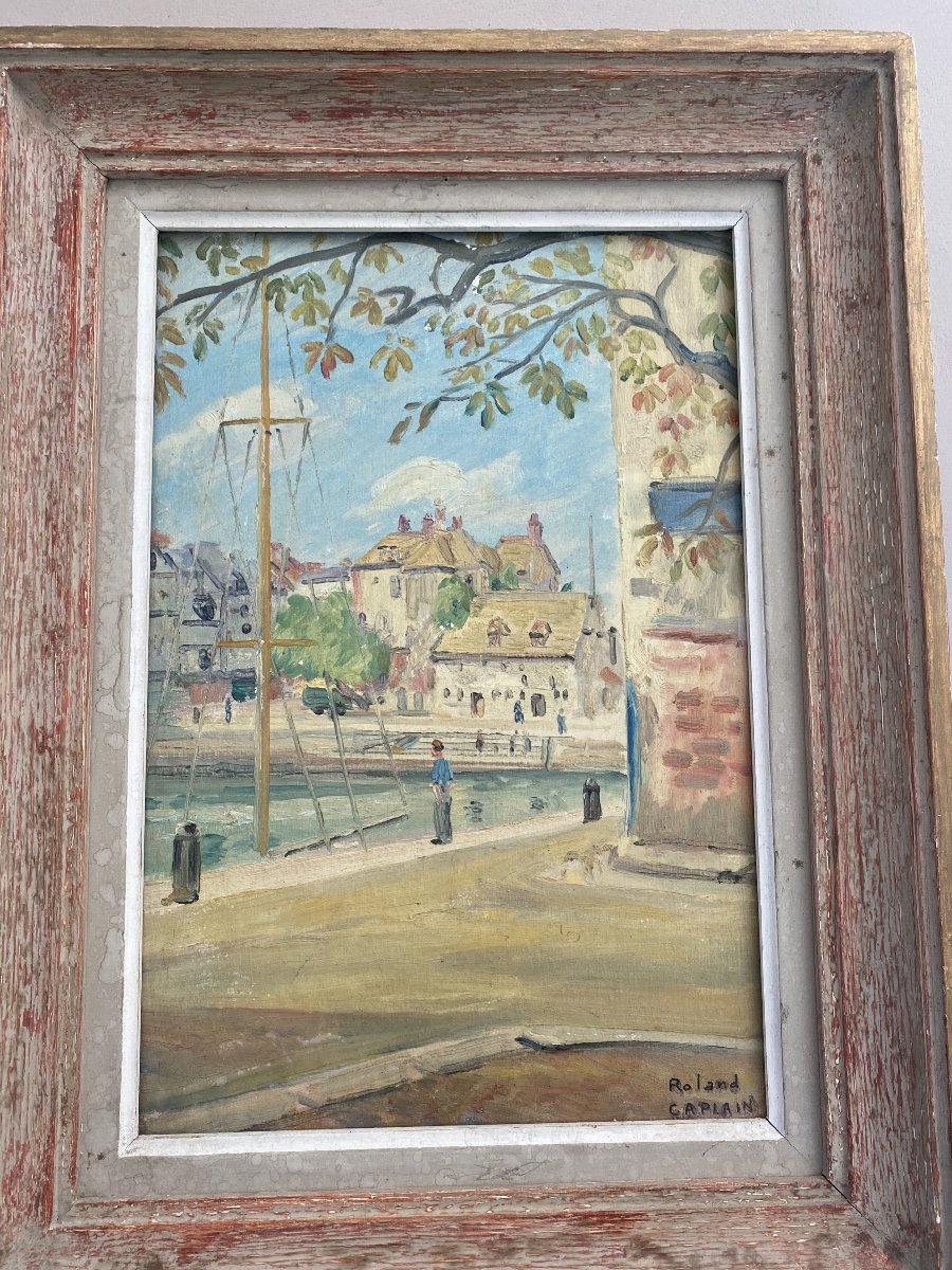 Painting Of Honfleur By Roland Caplain. Oil On Panel-photo-2