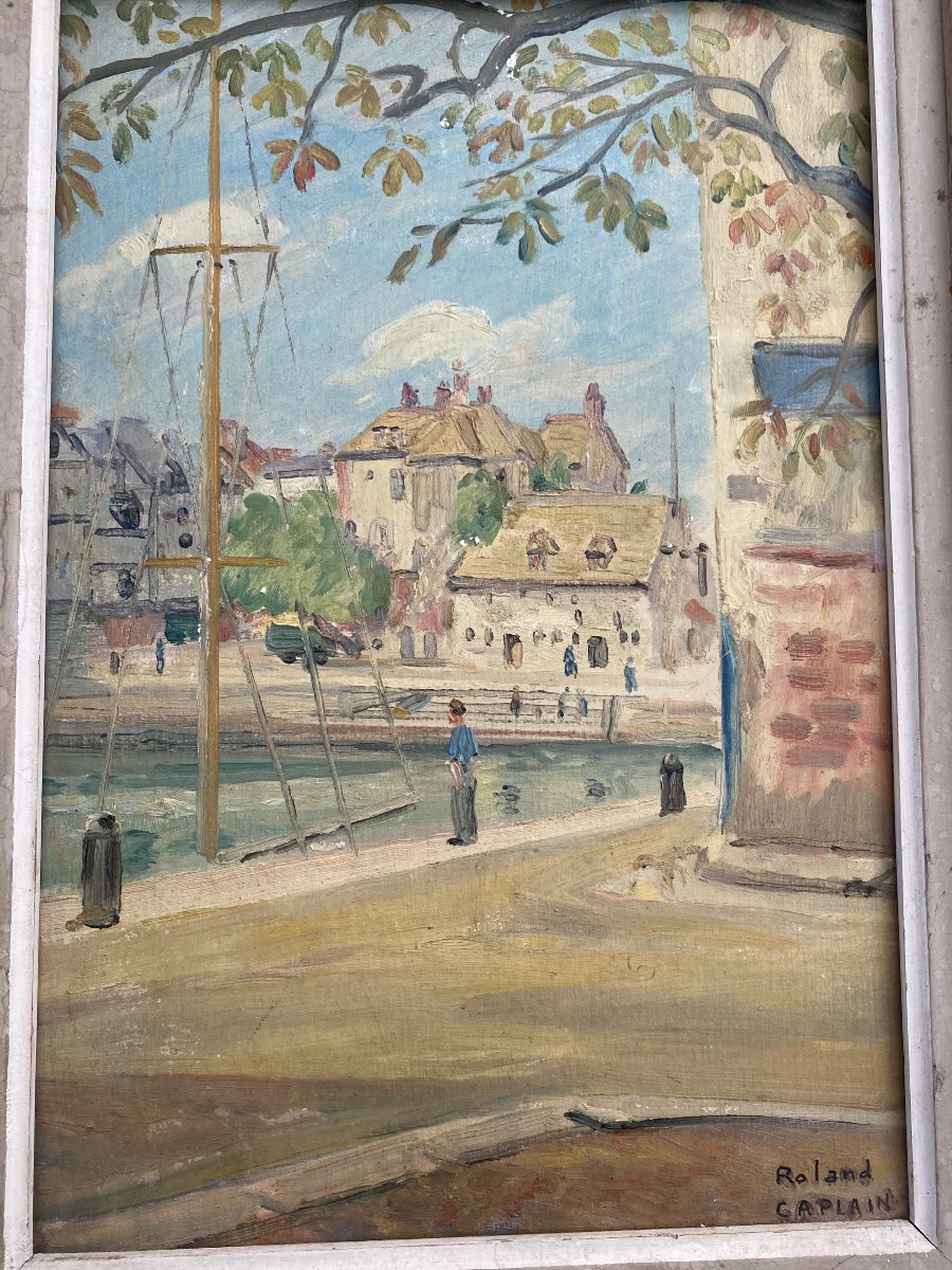 Painting Of Honfleur By Roland Caplain. Oil On Panel-photo-3