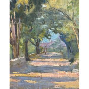Oil Painting On Cardboard, Early 20th Century, Landscape: "the Alley"