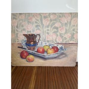 Nature morte aux pommes. Peinture huile sur panneau. 19e siècle.