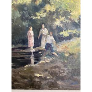La promenade dans la rivière. Huile sur carton. 19e siècle.