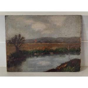 The Riverbank In Autumn. Oil On Cardboard. Late 19th Century, Early 20th Century.