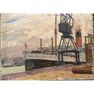 L'ascania, scène de port, bateau militaire 1ère guerre mondiale. Jules Ausset