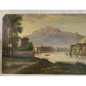 Tableau de Grenoble en 1895. Vue du Moucherotte et des quais de l'Isère