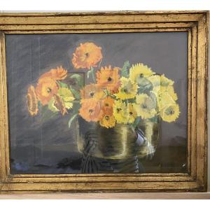 Still Life With Yellow And Orange Flowers. Antique Pastel