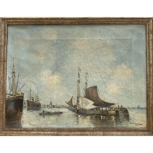 La marine aux voiliers. Peintre : Robert-Ferninand Verheyen (1877-1960) Pays-bas.