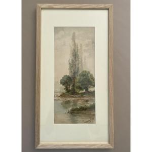 An Old Watercolor Painting Of A Landscape With Trees By The Water.