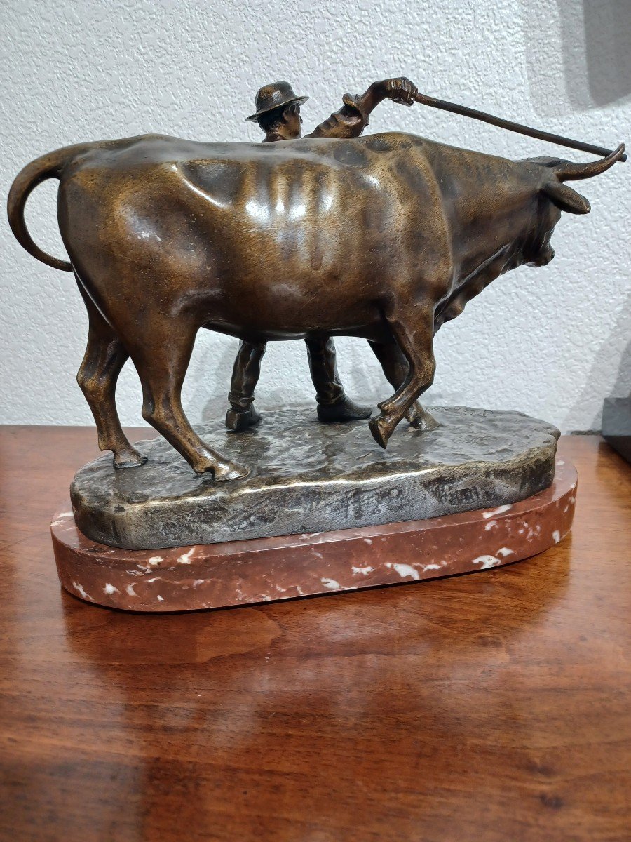 Bronze Signé Jean Garnier ( 1853-1910 )" Le Paysan Et Sa Vache "-photo-2