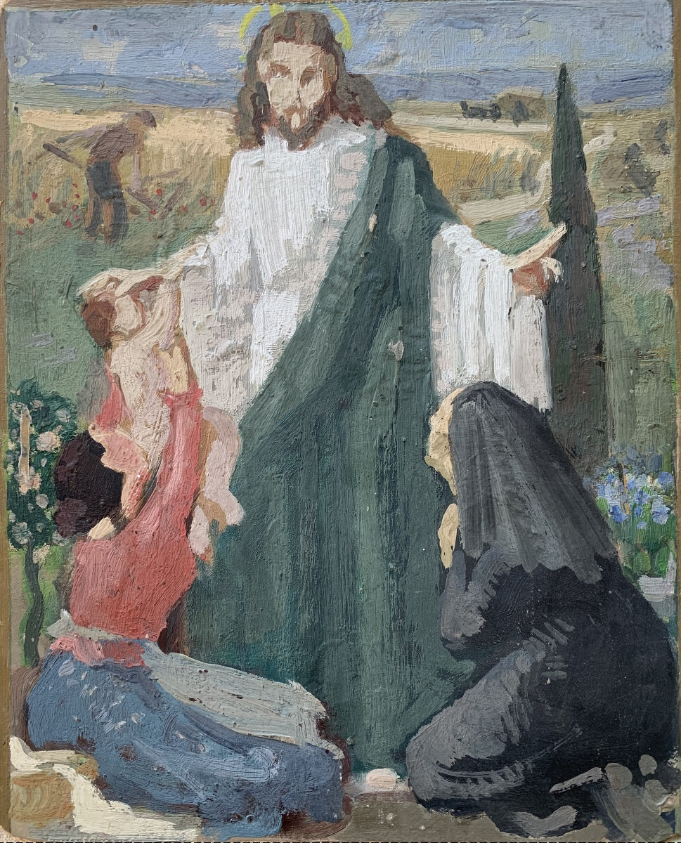 Nabis School - Early 20th Century - Two Women Presenting A Child To Christ In A Garden