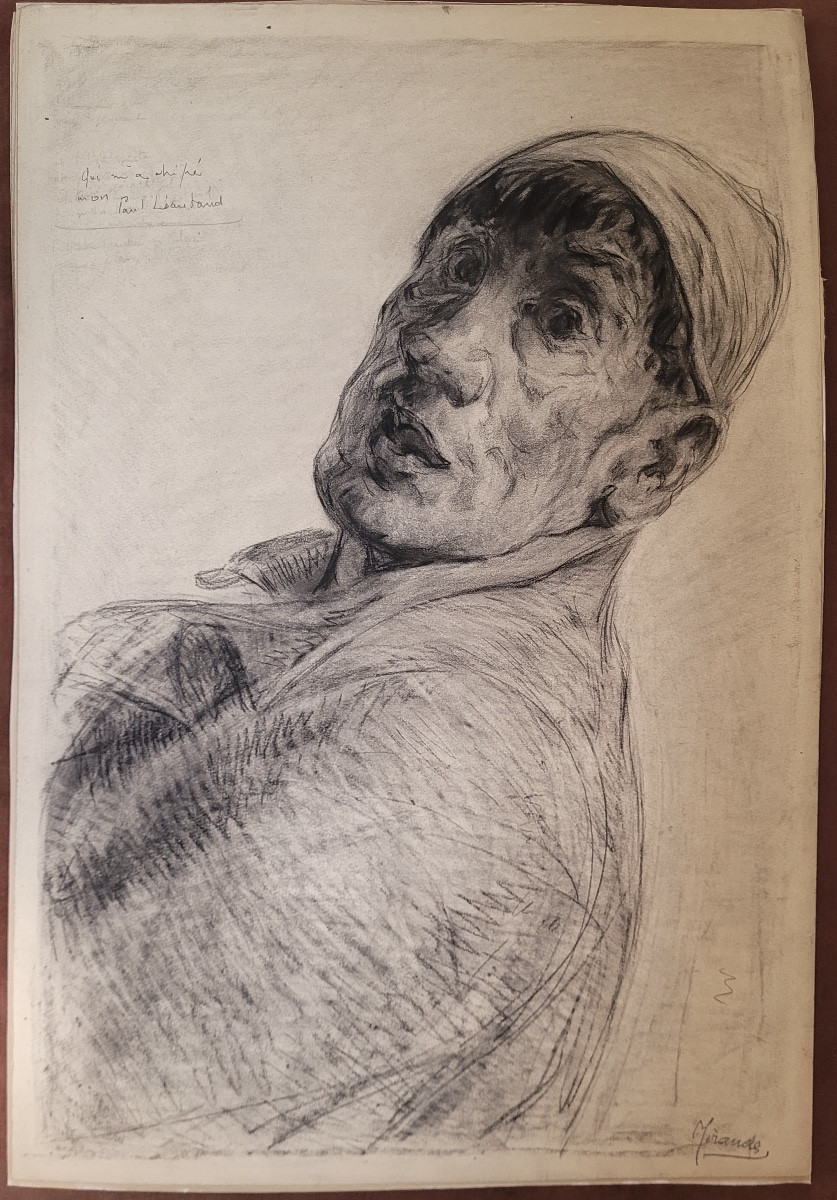 Henri MIRANDE (1877-1955) AUTOPORTRAIT - HOMMAGE À PAUL LÉAUTAUD - GRAND FUSAIN-photo-2